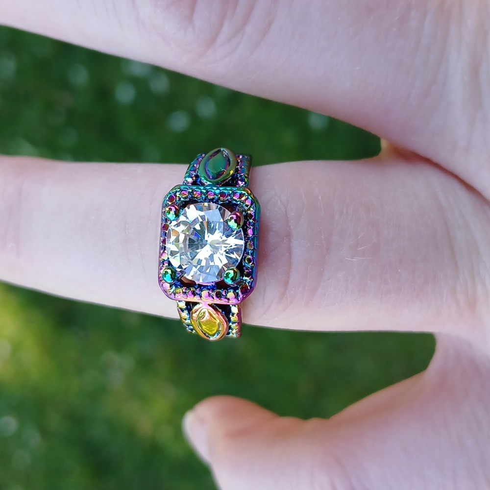 New White Topaz Rainbow Hematite Ring.